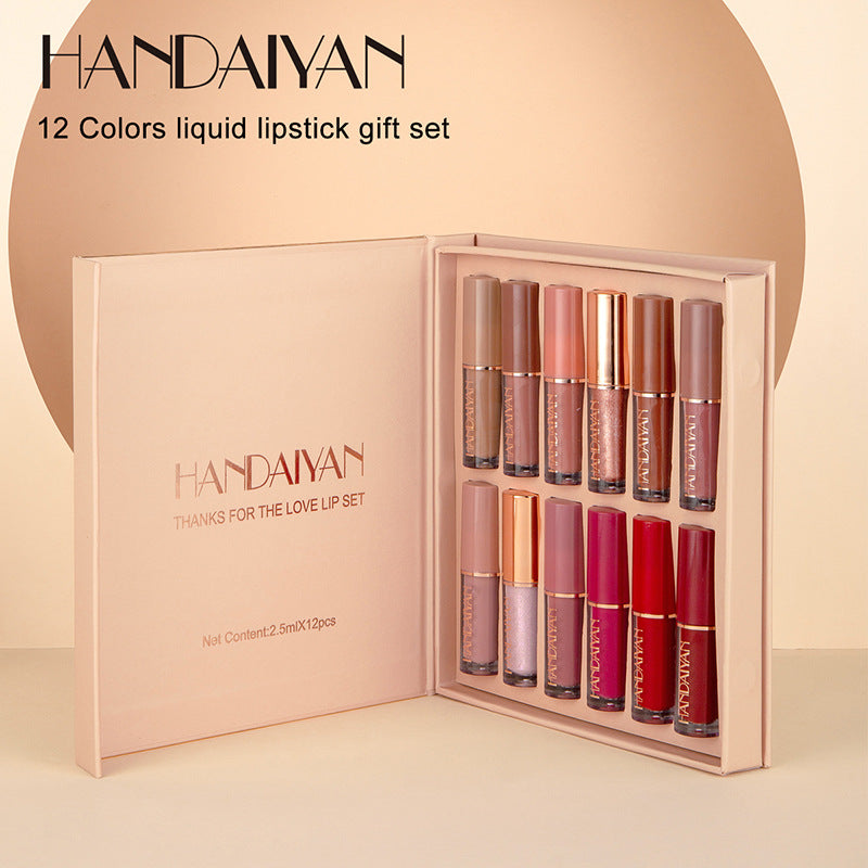 HANDAIYAN 12 COLOR LIP GLOSS SET LIQUID LIPSTICK SET MATTE PEARLESCENT NON-STICK CUP LIP GLOSS