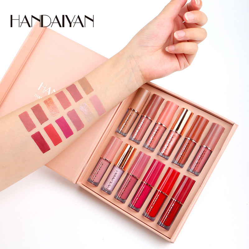 HANDAIYAN 12 COLOR LIP GLOSS SET LIQUID LIPSTICK SET MATTE PEARLESCENT NON-STICK CUP LIP GLOSS