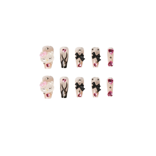 PRESS ON MANICURE BLACK KITTY CON COLLA