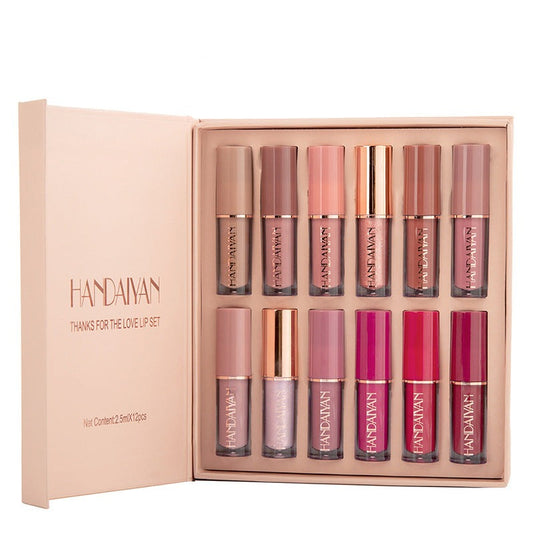 HANDAIYAN 12 COLOR LIP GLOSS SET LIQUID LIPSTICK SET MATTE PEARLESCENT NON-STICK CUP LIP GLOSS